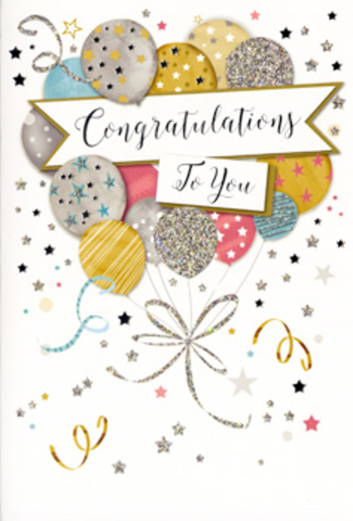 This elegant congratulations card feels like a carefully composed celebration, as if a local Blackheath artist painted a moment of pure joy and preserved it on smooth card stock. At first glance, your eye is drawn to the cluster of balloons rising through the centre, each one a softly rounded oval rendered in gentle metallic and pastel tones: brushed gold, antique silver, champagne beige, dusty pink, sky blue, and misty grey. The surfaces are embellished with tiny reflective stars, subtle stripes, and scattered glitter that create a sense of depth and texture-almost like the glint of lights around Blackheath Village on a clear evening. From the base of the balloons, slim ribbons in gold and silver sweep downward and curl back on themselves, loosely intertwined in a way that feels both carefree and beautifully controlled, as if tied by an expert hand. A refined banner floats horizontally across the arrangement, resting lightly over the balloon stems, with Congratulations To You written in graceful calligraphy that suggests real care behind the words. Around this central focus, the background remains soft and uncluttered, tinted with the palest cream so that the metallic stars, tiny dots of confetti, and whimsical looping streamers stand out like little bursts of excitement. The composition has a quiet glamour-sparkly without being gaudy-making it the kind of card you might pair with a sophisticated bouquet for a promotion, graduation, or retirement celebration. As you imagine holding it, perhaps just after collecting flowers near the Heath, you can almost feel the faintly raised glitter beneath your fingertips and sense the warmth of heartfelt congratulations it's meant to convey.
