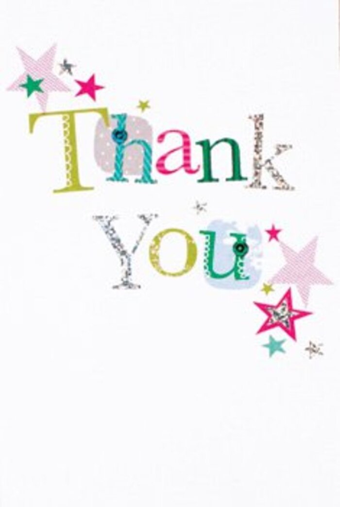 This thank you card, with its gracefully composed letters and bursts of celebratory detail, channels the charismatic energy found around Blackheath's bustling markets. Each individual letter holds its own charm; playful curves and delicate stitched accents give some characters a whimsical, almost musical feel, while others stand out in bold, vibrant shades of green, blue, or fuchsia. Lively stars-some glistening with silvery brilliance, others glowing in shades of deep turquoise or pale pink-cluster near the cheerful message, infusing the design with an extra layer of warmth, reminiscent of the first rays of daylight over Blackheath Village. The composition remains airy and modern, the pristine white setting both uplifting and sophisticated, ensuring the scene never feels crowded but always full of spirit. There's an understated elegance here-a balance that resonates with the area's sense of welcome and style. It's easy to envision this card nestled beside a fresh bouquet, ready to be delivered to a beloved neighbour or cherished friend on Kidbrooke Grove, elevating any gesture of appreciation with heartfelt sincerity and joyful artistry.