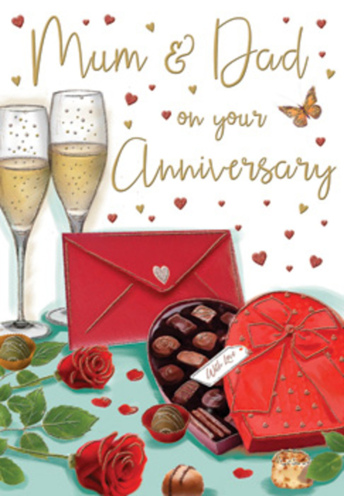 Elegant anniversary card artwork portraying a warm celebration for parents, envisioned as if set in a welcoming Blackheath home. At the centre of the composition, a pair of full-bloomed red roses rests on a smooth tabletop, their petals layered in rich crimson tones that suggest freshly arranged flowers from a trusted florist near Blackheath Station. Their glossy green leaves curl gently at the edges, adding depth and natural texture. Just in front sits a heart-shaped box of chocolates, its red lid slightly tilted back to reveal neatly presented truffles, each one rounded and glossy, promising shared indulgence after dinner. An opulent red ribbon is tied in a large bow across the box, its satin loops catching the light the way ribbons on gift bouquets do in the shop windows along Tranquil Vale. Behind the chocolates, two slender champagne flutes stand side by side, brimming with pale, shimmering fizz that rises in fine streams of bubbles, ready for a toast that honours years of marriage. Delicate motifs of gold and ruby hearts float across the warm background, leading the eye towards a handwritten dedication to Mum & Dad, which feels both affectionate and respectful. Off to one side, a deep scarlet envelope lies waiting, its pointed flap neatly closed, hinting at a loving message penned in careful script, like cards exchanged quietly at the end of a family meal overlooking the heath. The lighting is soft and glowing, giving the entire scene a dreamy, almost candlelit quality. Together, the roses, chocolates, champagne, and hearts create a beautifully composed tribute to enduring love and cherished memories in Blackheath.