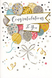 This congratulations card captures the feeling of a festive evening over Blackheath Common, transformed into an intimate, hand-sized keepsake. A cheerful bouquet of illustrated balloons rises from the bottom of the design, their rounded shapes overlapping like a friendly crowd leaning in for a hug. They're painted in soft yet luminous tones-champagne gold, muted silver, powder blue, blush pink, and pale dove grey-with some balloons accented by tiny metallic stars, others traced with slender glittering stripes or dotted sparkles. The artist has given the balloons a gentle sheen, suggesting glossy surfaces that would feel smooth beneath your fingertips. Fine gold and silver ribbons trail from each balloon, curling together into a graceful knot that anchors the whole composition and adds a sense of movement, as if a light breeze were drifting across the Heath. Floating above this tangle of strings is a crisp, curved banner that reads Congratulations To You in flowing, elegant script, the letters dark and confident against the pale backdrop. Around the main motif, small stars, swirling streamers, and specks of confetti dance lightly across a soft off-white background, creating the impression of a quiet, sparkling celebration rather than a noisy party. The overall mood is one of gentle joy and sincere pride-the sort of card you'd tuck beside a hand-tied bouquet delivered locally, perhaps to a home near Blackheath Village or up by the station, when someone has achieved something truly meaningful. Holding it, you can almost sense the shared happiness behind the gesture, neatly wrapped in paper, ink, and shimmering metallic detail.