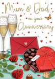 Illustrated anniversary card scene that evokes an intimate celebration for parents, described with the sensitivity of a Blackheath florist. The focus falls first on two lush red roses lying gracefully along a tabletop, their velvety petals unfolding in deep, romantic layers, much like the premium stems chosen for special orders delivered around Blackheath and the surrounding village streets. The stems are framed by smooth, vibrant green leaves, adding a fresh, natural counterpoint to the richness of the blooms. Nestled close by is a heart-shaped box of chocolates, coloured in a luxurious shade of red and tied with a bold, satin bow whose loops arc elegantly across the lid. The lid is lifted just enough to reveal glossy chocolates cradled inside, suggesting a moment of shared sweetness. Behind this, two tall champagne flutes stand almost shoulder to shoulder, brimming with pale gold liquid alive with tiny bubbles that shimmer as if caught in evening light streaming through a window overlooking Blackheath Common. Around them, a flurry of small gold and crimson hearts drifts softly over a warm background, framing a simple yet heartfelt Mum & Dad greeting written in flowing script. A scarlet envelope lies nearby, sealed and slightly angled, hinting at a handwritten anniversary message full of gratitude and memories. The overall atmosphere recalls a quietly joyful family gathering, perhaps after a walk along the heath or dinner in a favourite local restaurant. Every detail-the roses, chocolates, champagne, and hearts-works together to celebrate lasting love, shared history, and the gentle romance of an anniversary in Blackheath.